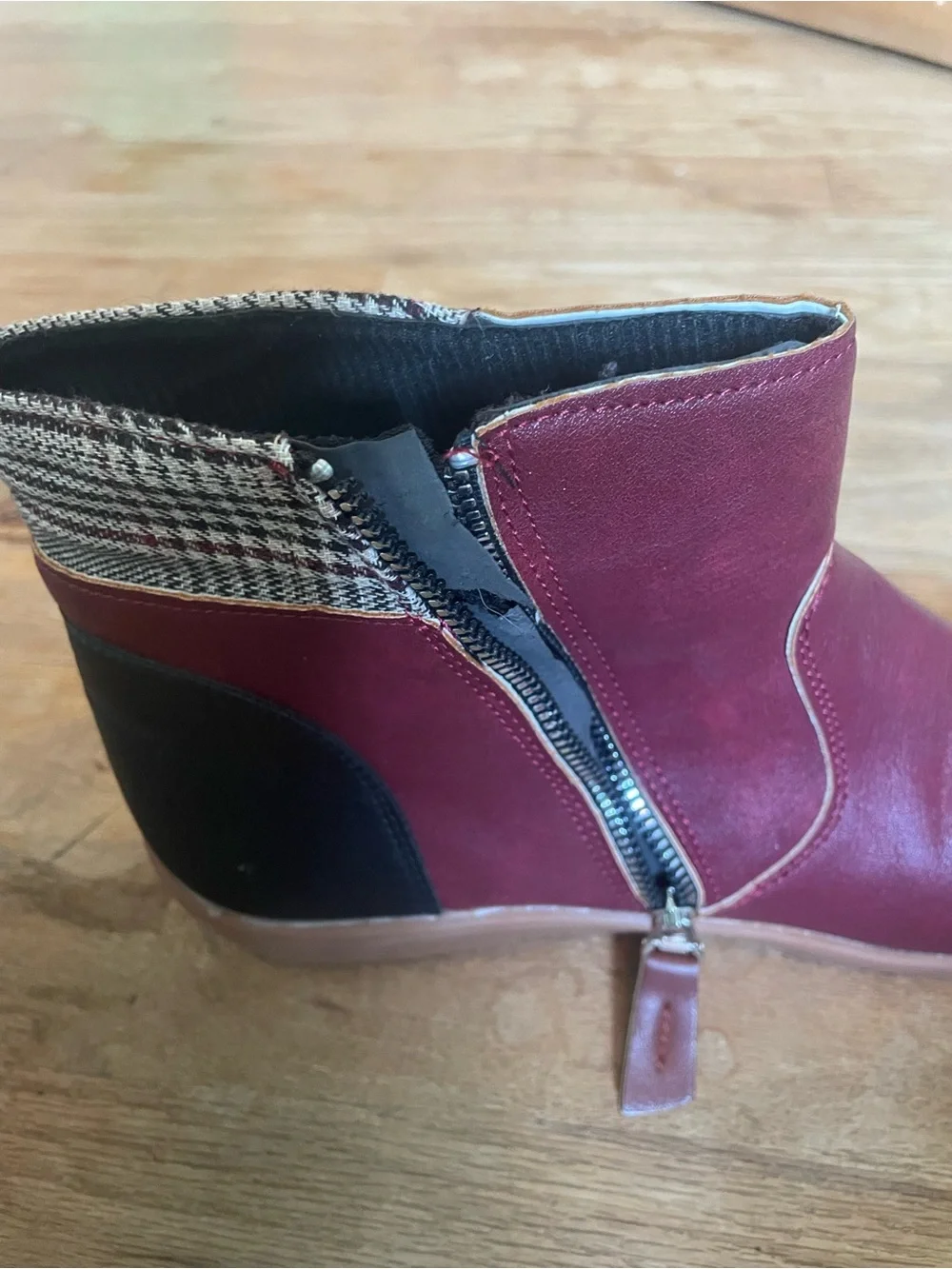 Women's Burgundy and Black Zip Ankle Boots